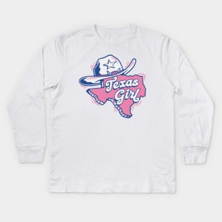 Retro Texas Girl Cartoon Texas Outline Kids Long Sleeve T-Shirt